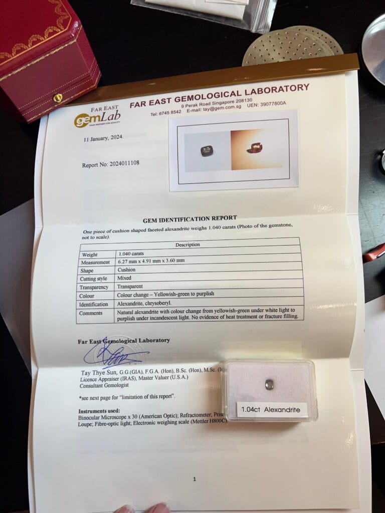 Certified Alexandrite from Far East Gem Lab in Singapore.